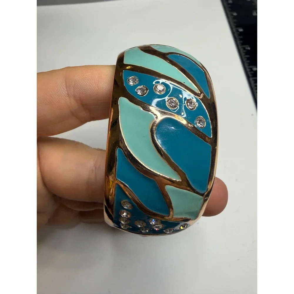 Rose Gold Tone Blue Teal Enamel Rhinestone Hinged Cuff Bangle Bracelet